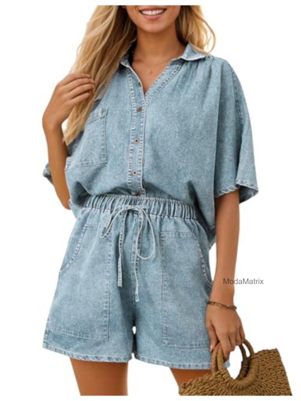 Womens 2 Piece Denim Set Short Sleeve Crop Top Jean Shorts Summer Outfit
